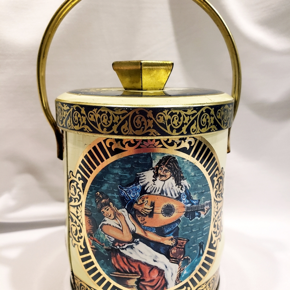 Vintage Metal Tin Bucket w Handle & Lid Made in ENGLAND "Guitar Serenade" Decor.